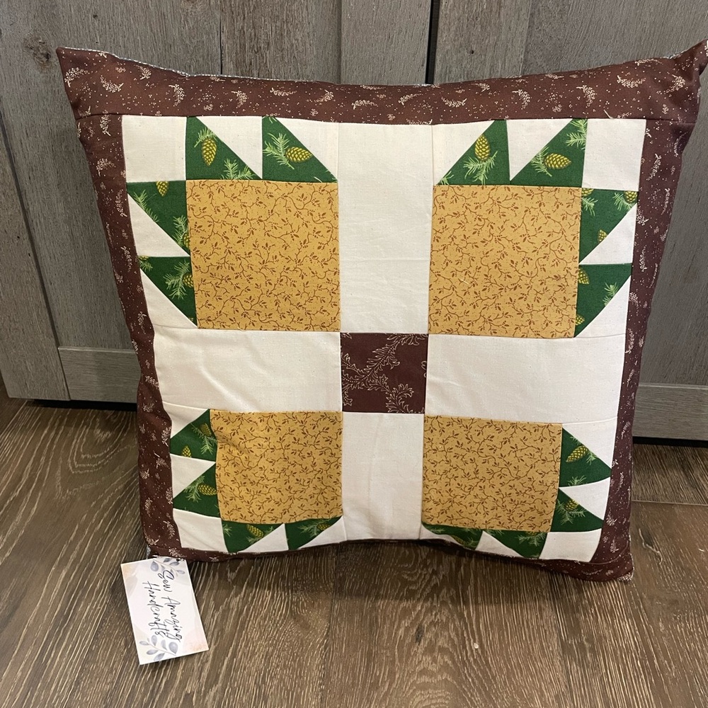 Patchwork Bear Paw Quilt Pattern Pillow with Brown and Yellow Accents